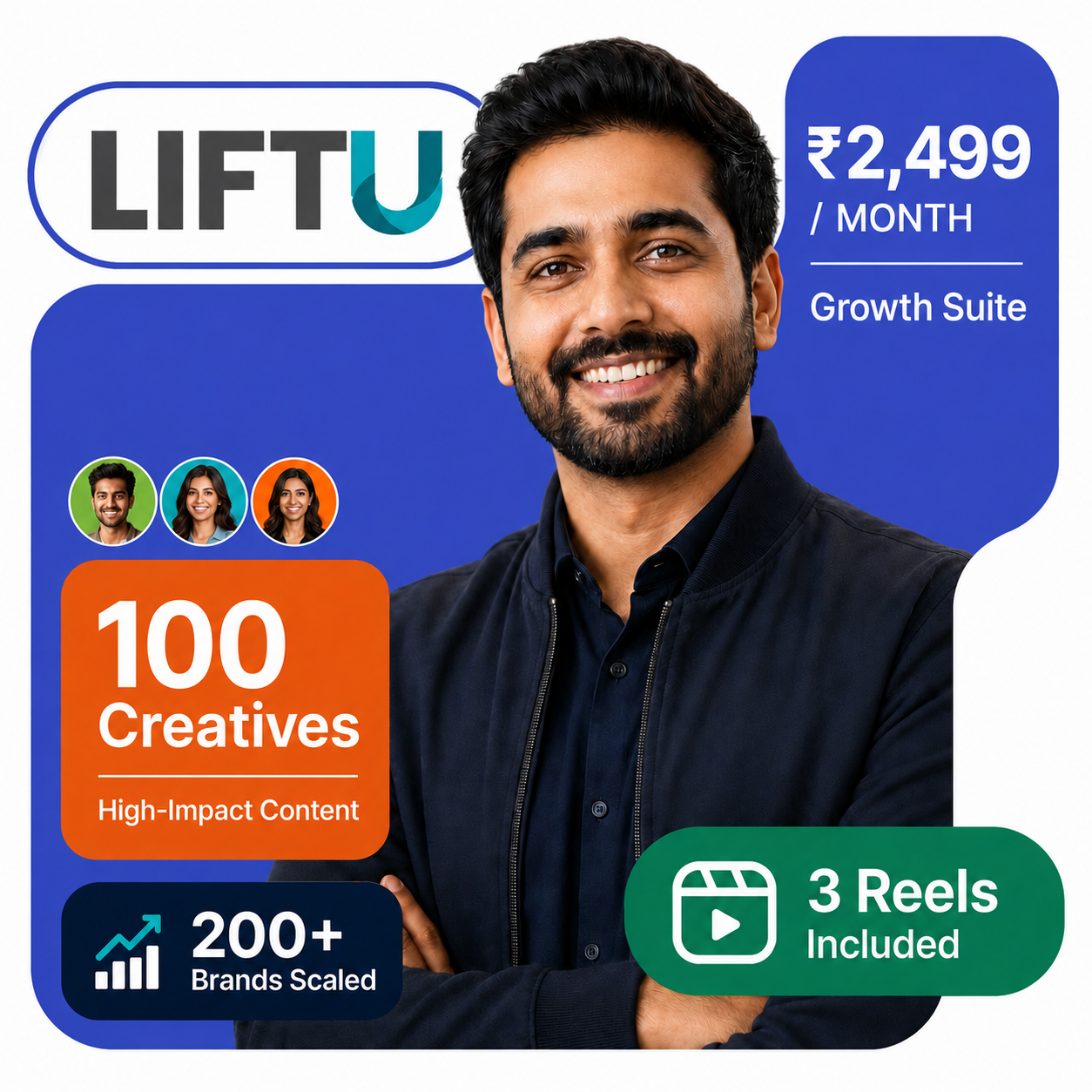 LiftU growth engine — social, ads, photos, reels and creatives delivered every month